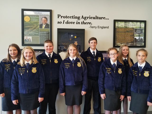 Franklin County Middle School FFA officers are pictured inside the Terry England Leadership Center during the dedication ceremony